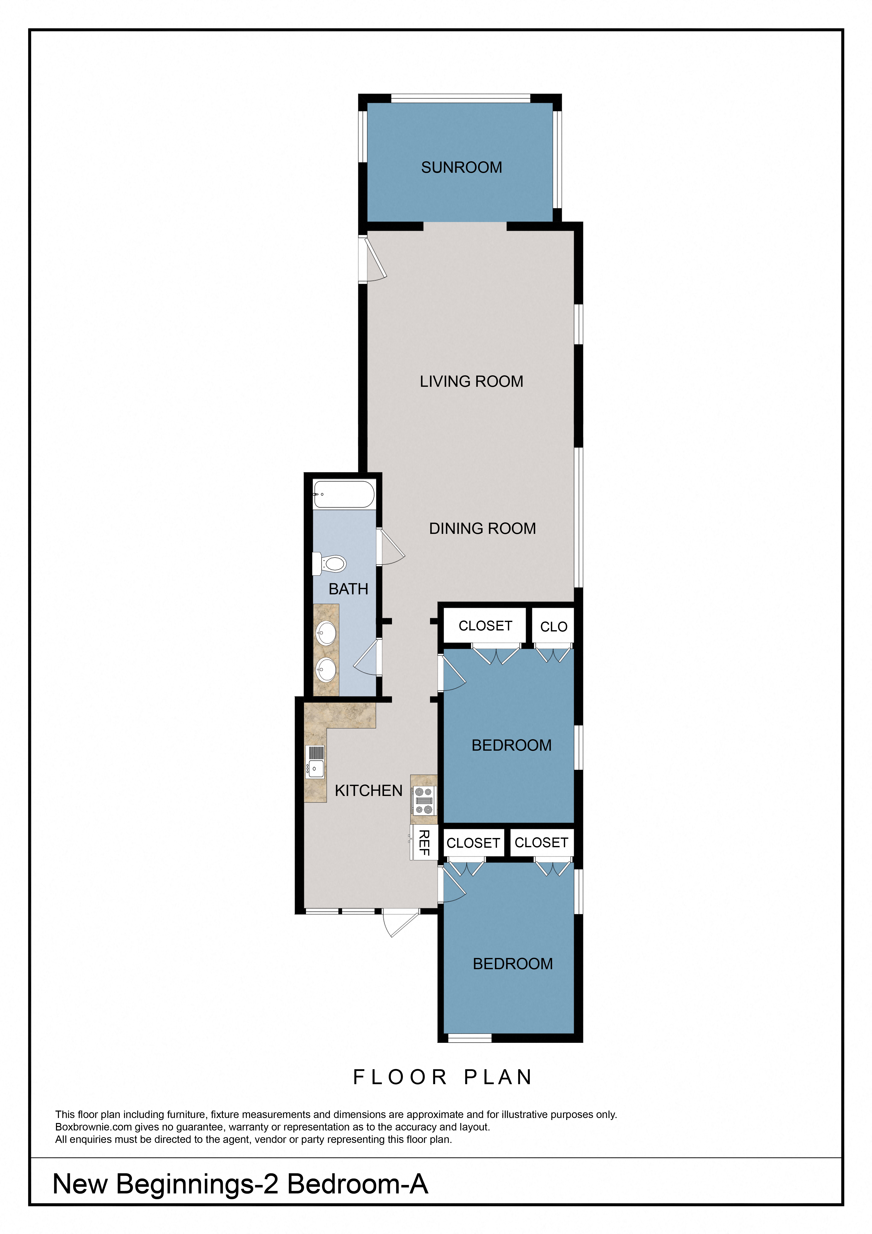 Floor plan for 2 beds, 1 bath, 900 sqft